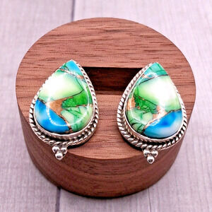 Sterling Silver Peacock Dahila Turquoise Stud Earrings Navajo Southwestern Style